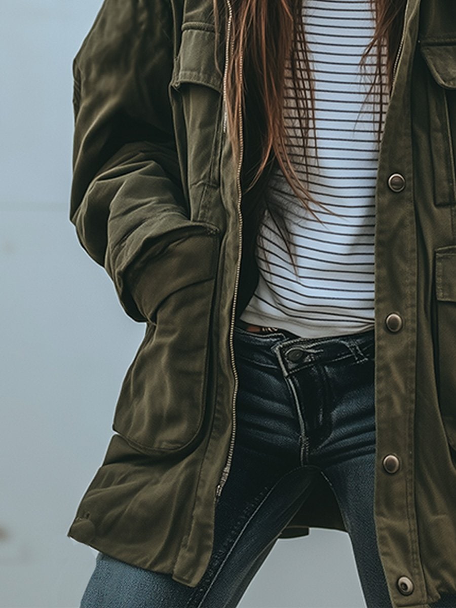 Oversized Utility Field Jacket with Military Patch Pockets 5
