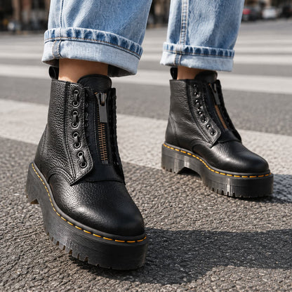 Platform Boots, Chunky Ridged Ankle Boot with Front Zip 1