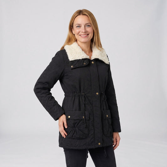 Black padded mid-length plush collar jacket with drawstring waist
