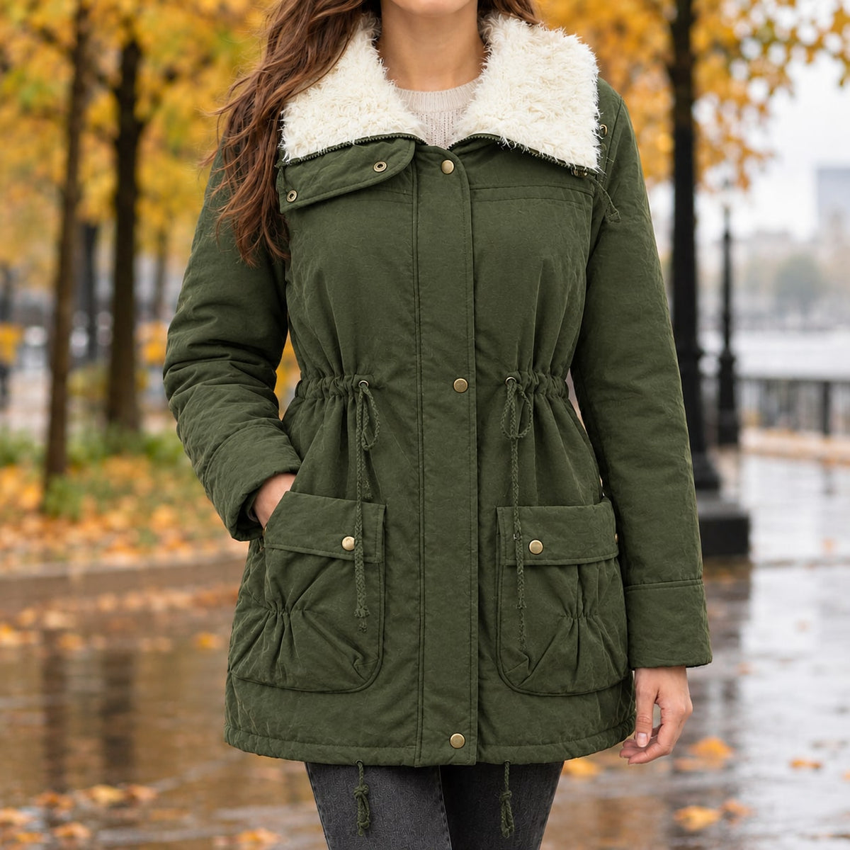 Military green padded plush collar jacket with drawstring waist