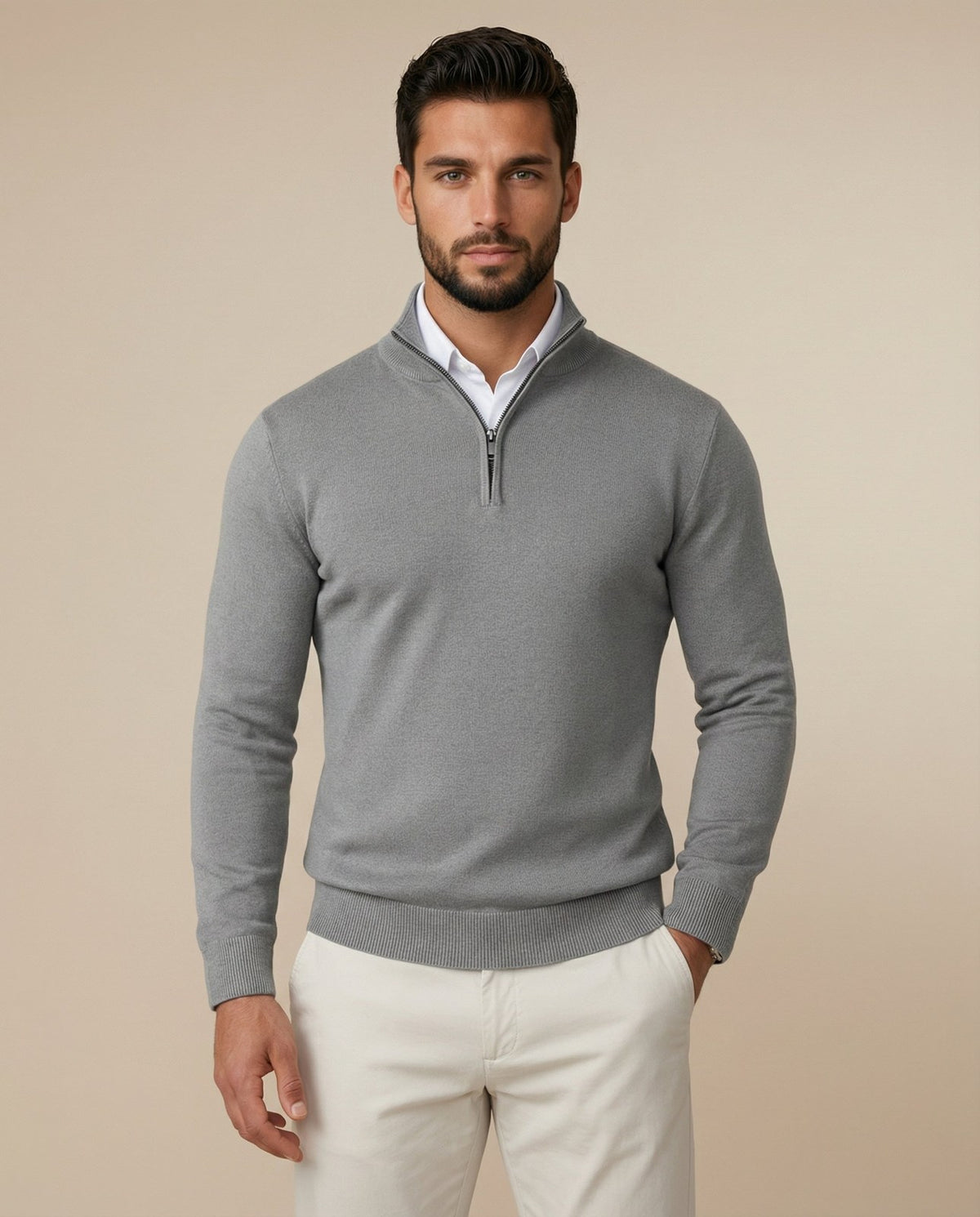 Men's Quarter Zip Knit Jumper with Structured High Collar 3