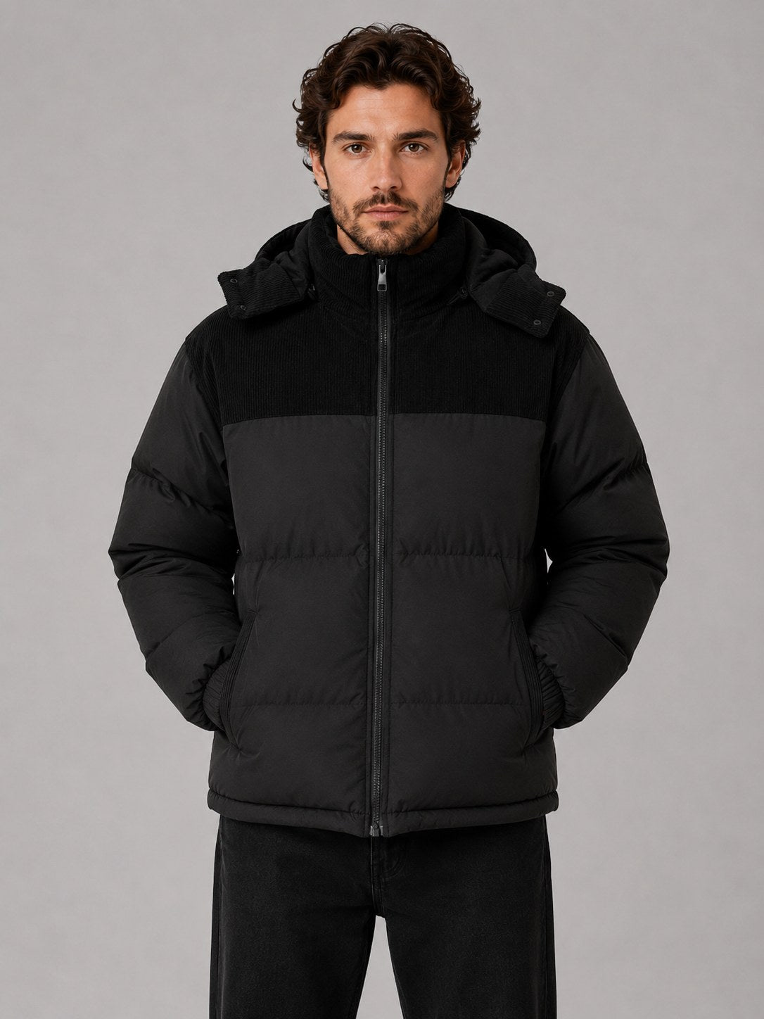 Men's Hooded Corduroy Puffer Jacket, Quilted Winter Coat 5