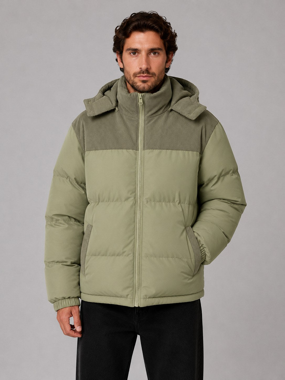 Men's Hooded Corduroy Puffer Jacket, Quilted Winter Coat 6
