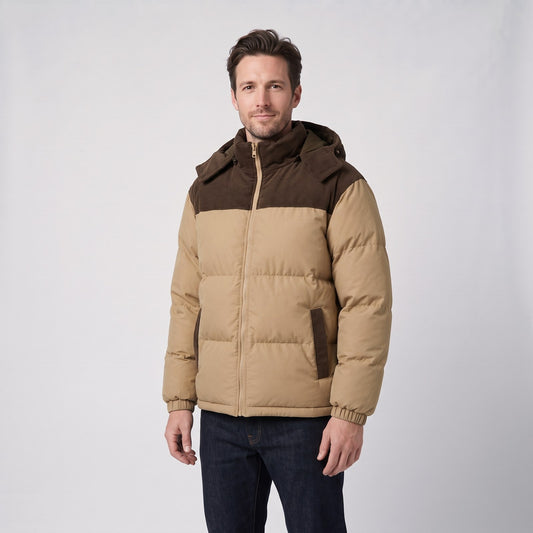 Hooded Corduroy Puffer Jacket, Quilted Corduroy Trim with Detachable Hood