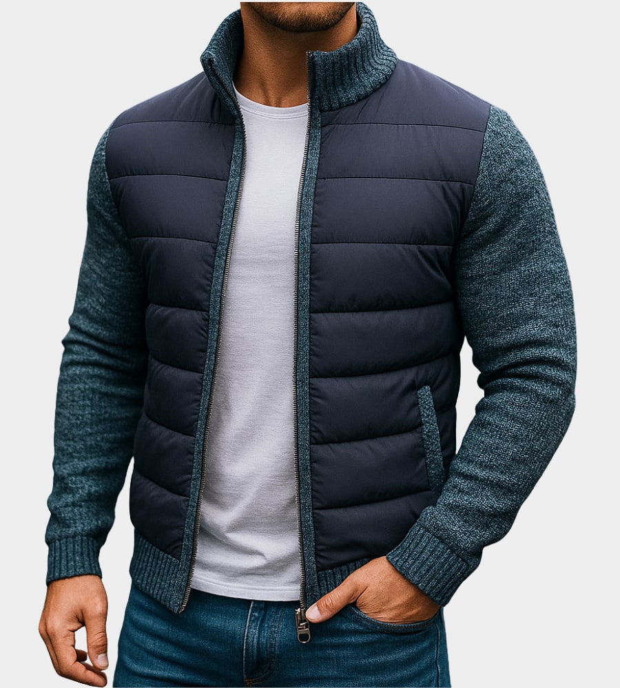 Quilted Jacket Men's Knit Sleeves Fleece Lined Windproof 4
