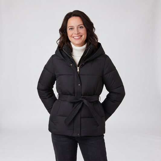 Quilted Jacket, Hooded Puffer Jacket with Tie Belt 1