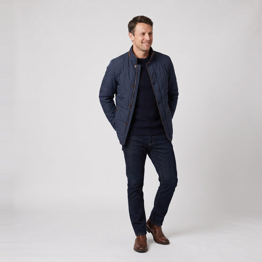 Man wearing the quilted jacket winter coat with stand collar