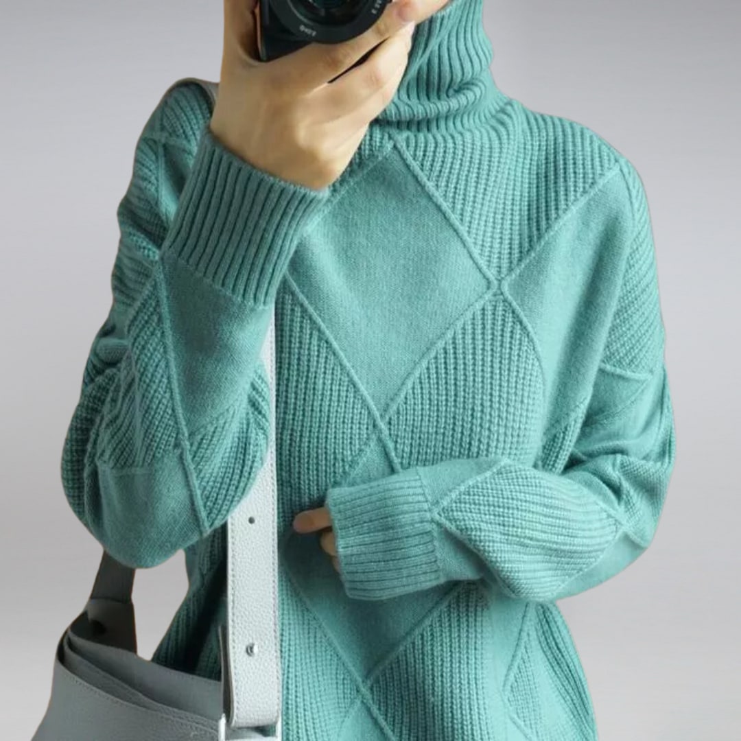 Turtleneck Sweater, Relaxed Diamond Rib Knit Jumper 9