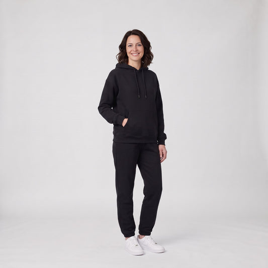 Woman wearing the relaxed hooded jogging suit tracksuit set