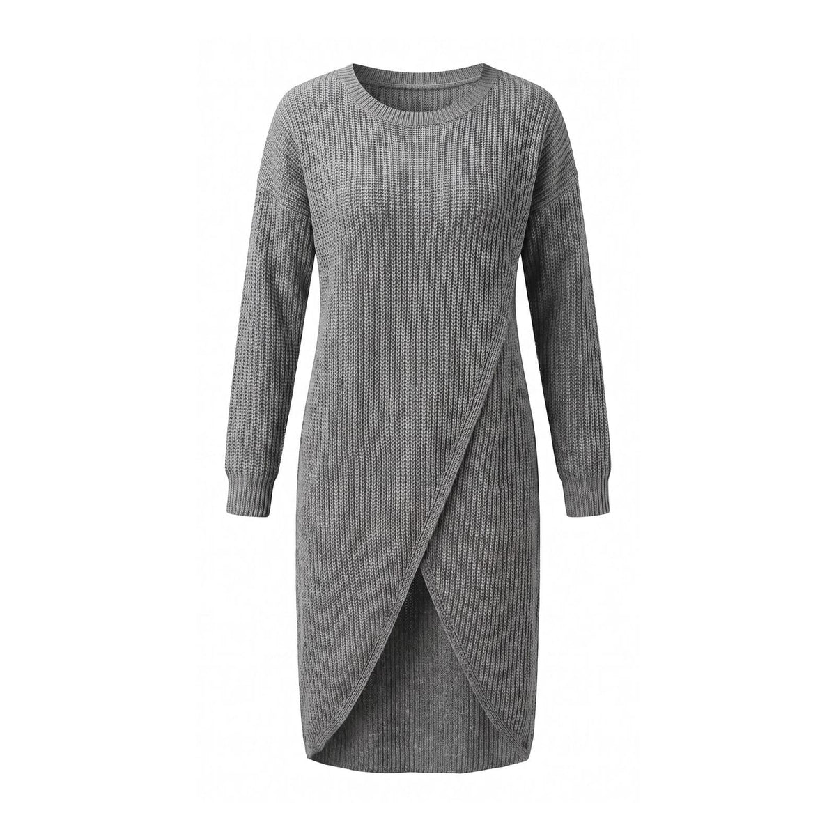 Relaxed ribbed knit midi jumper dress in grey with long sleeves and wrap front hem