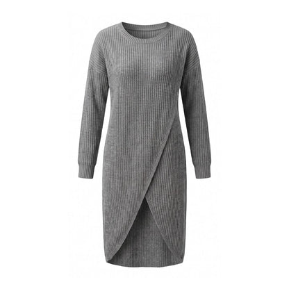 Relaxed ribbed knit midi jumper dress in grey with long sleeves and wrap front hem