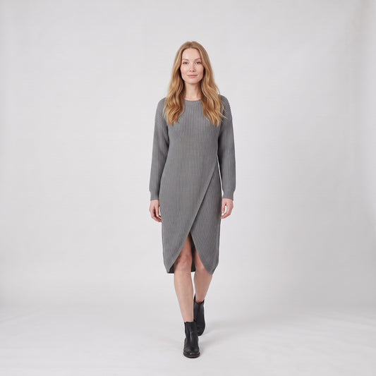 Long Sleeve Knit Sweater Midi Dress, Relaxed Ribbed Jumper Dress with Wrap Front Hem