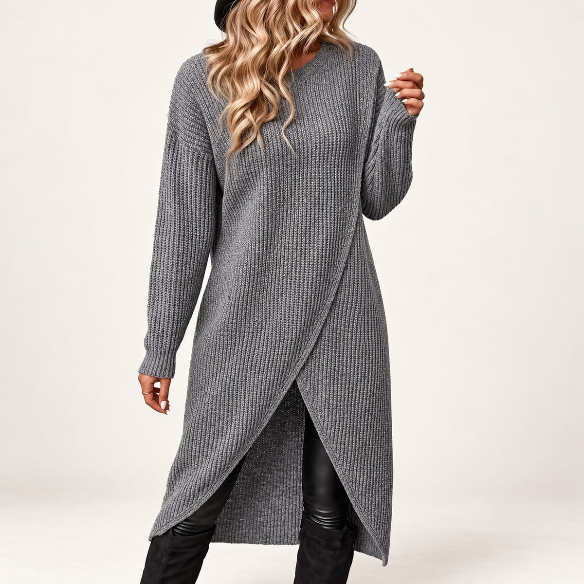 Grey ribbed knit midi jumper dress with wrap front hem, front view