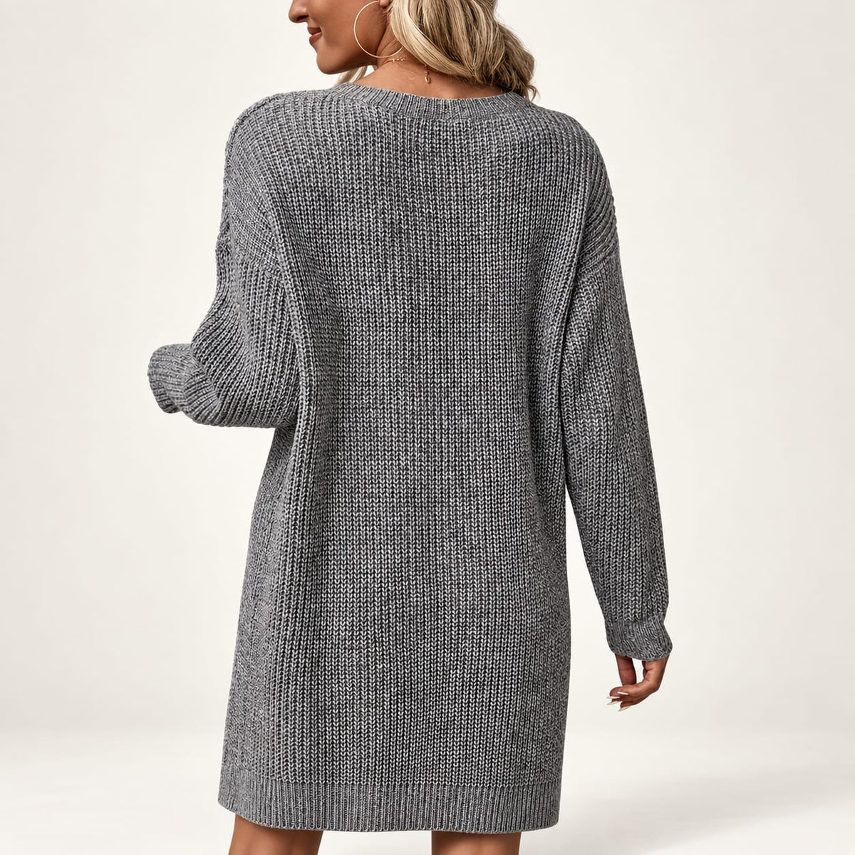 Grey ribbed knit jumper dress, back view