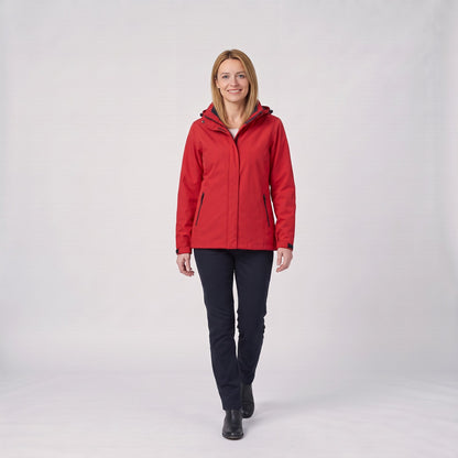 Woman wearing the relaxed waterproof rain jacket with detachable hood