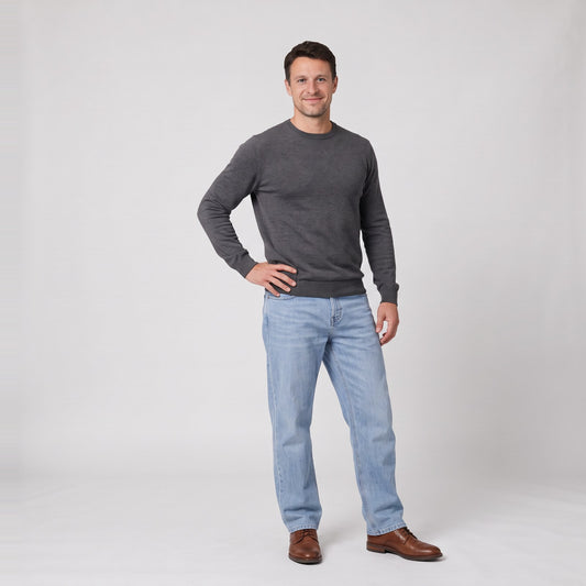 Man wearing the relaxed wide leg jeans loose fit straight denim