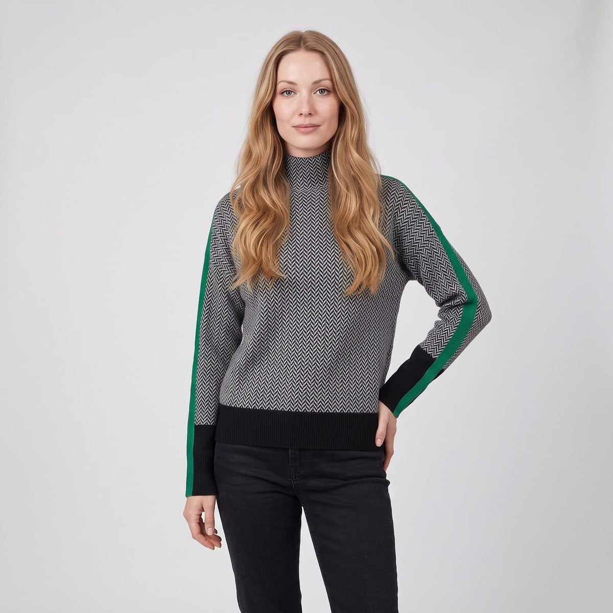 Fleece Soft Roll Neck Jumper, Chevron Knit with Stripes 1