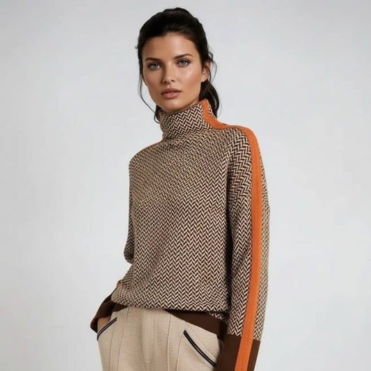Fleece Soft Roll Neck Jumper, Chevron Knit with Stripes 2