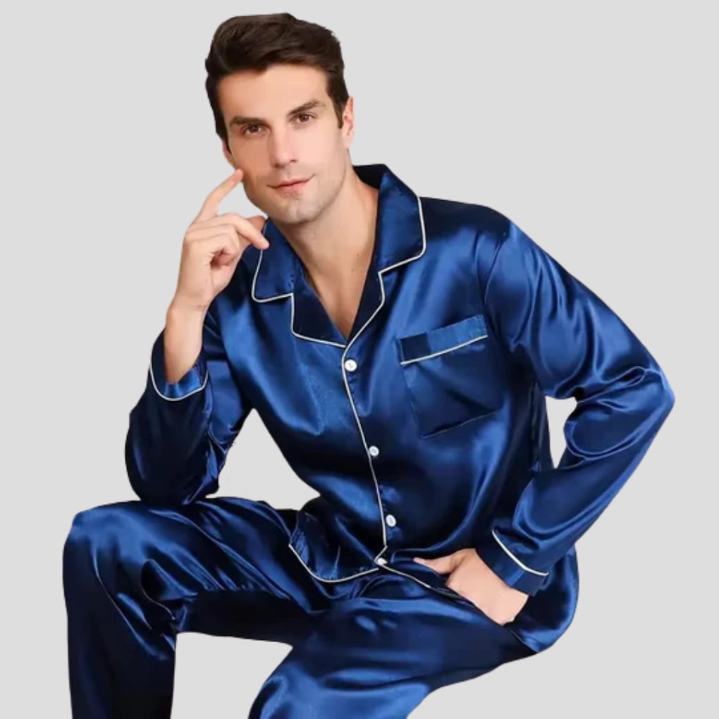 Satin Pyjama Set Long Sleeve Top and Trousers with Piping 2