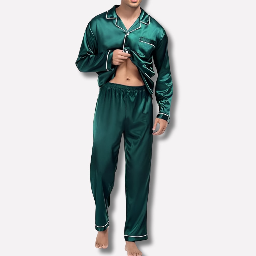 Satin Pyjama Set Long Sleeve Top and Trousers with Piping 3