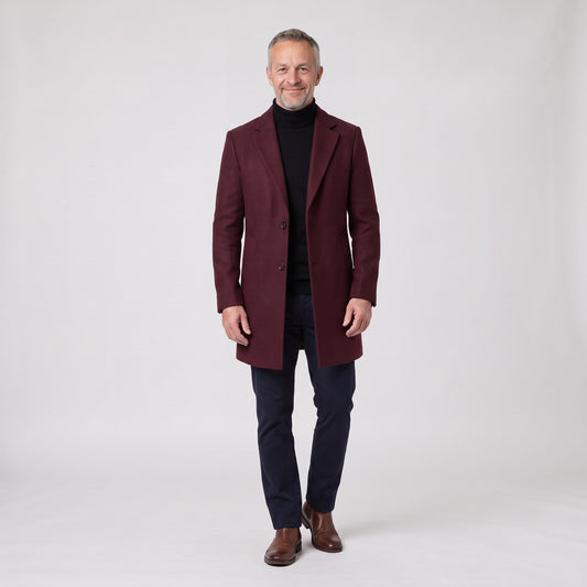 Man wearing a burgundy slim fit wool long coat