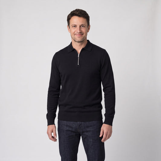 Man wearing the smart fine knit half zip polo jumper with ribbed trims