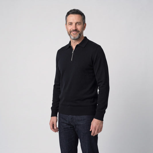Men's Quarter Half Zip Jumper, Smart Fine Knit Polo Jumper with Ribbed Trims