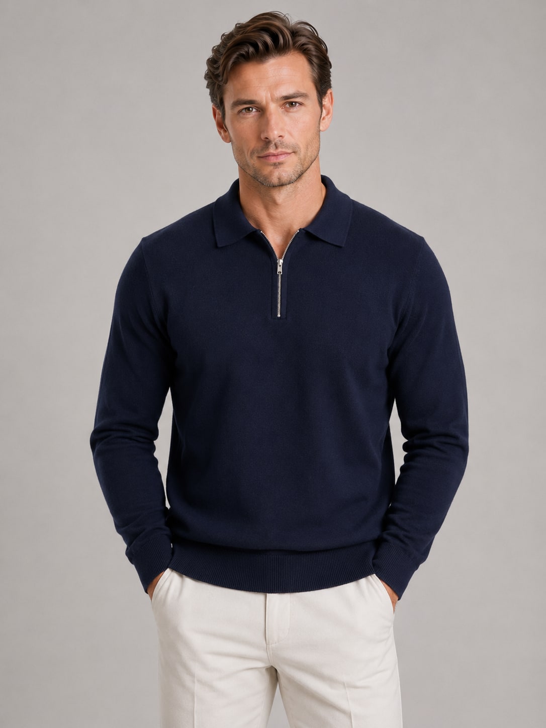 Half Zip Polo Jumper for Men in Fine Knit, Regular Fit 8