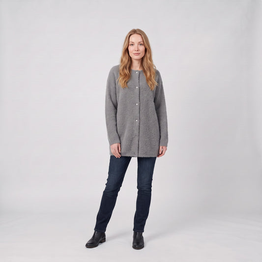 Elegant Longline Cardigan, Soft Fluffy Knit Button Cardigan with Round Neck