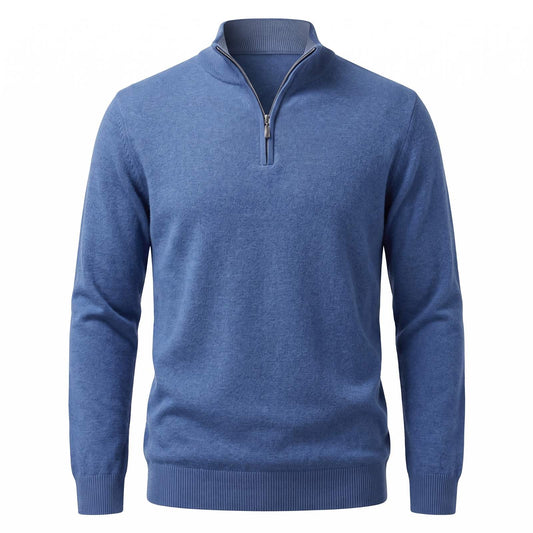 Men's Soft Half Zip Jumper with Stand Collar in Mid Blue 1
