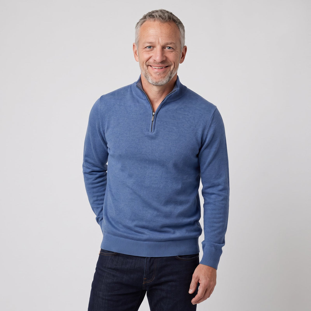Man wearing the soft half zip jumper with stand collar