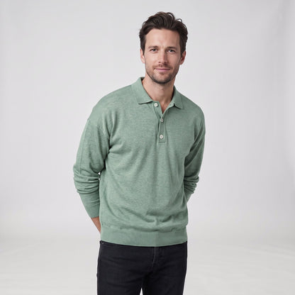 Long sleeve knit polo shirt in sage green with button placket, worn by a model