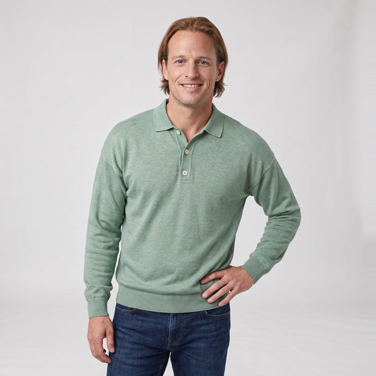 Man wearing the soft knit long sleeve polo with button placket