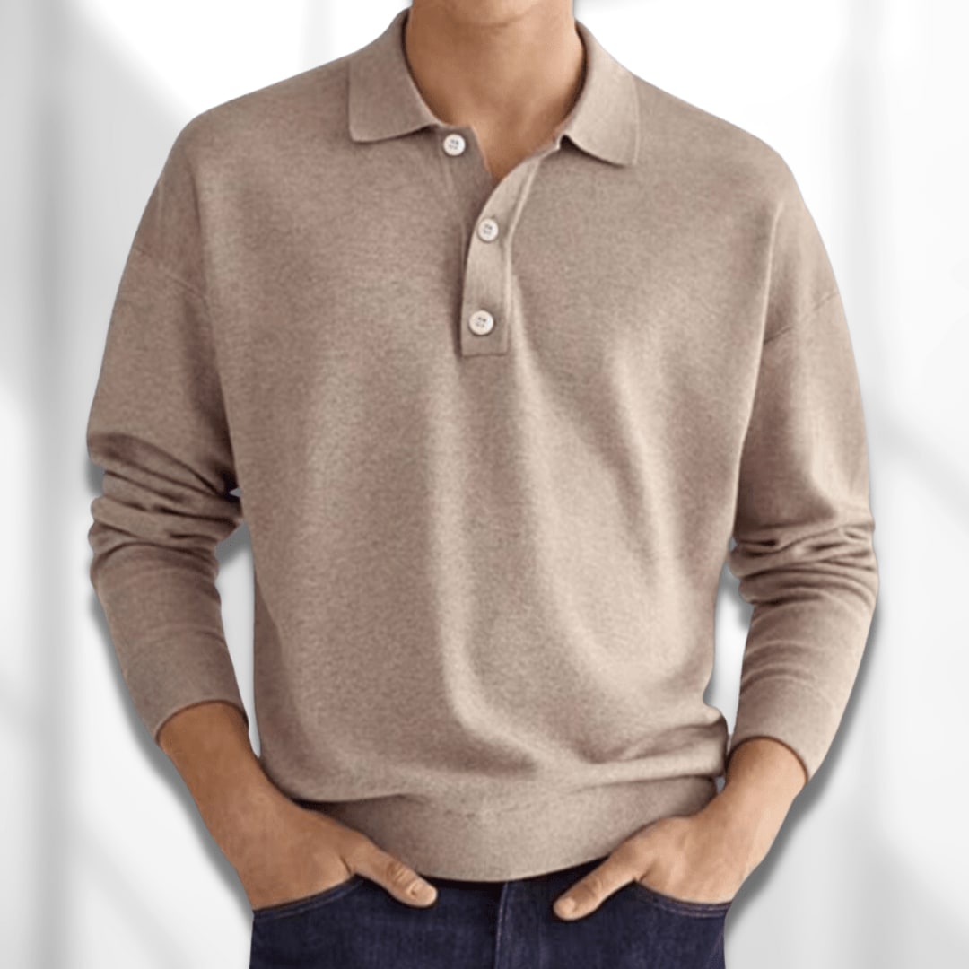 Long sleeve knit polo shirt in beige