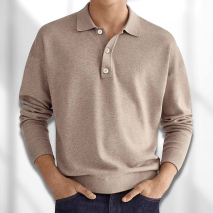 Long sleeve knit polo shirt in beige