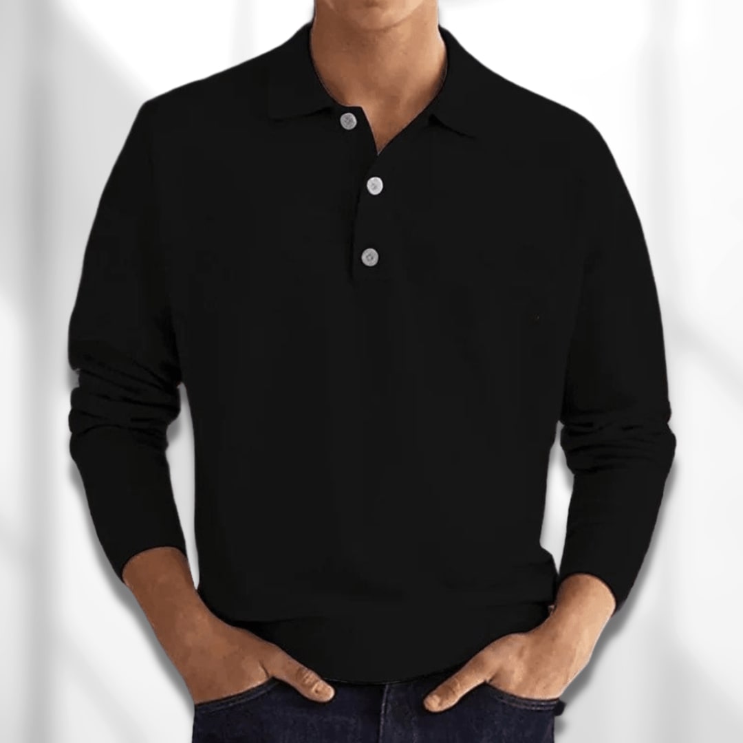 Long sleeve knit polo shirt in black