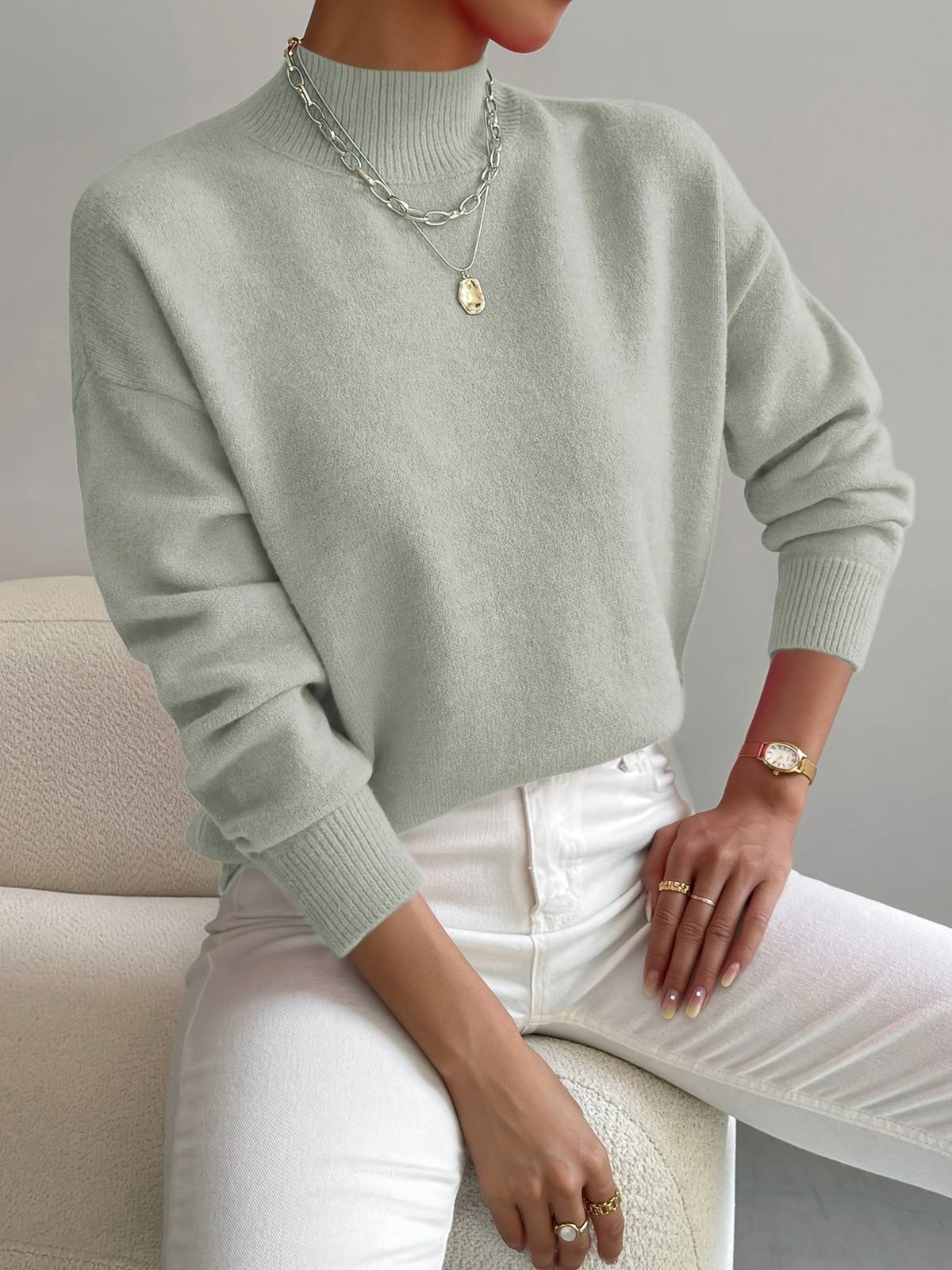 Women's Soft Mock Neck Knit Jumper, Warm and Elegant 10