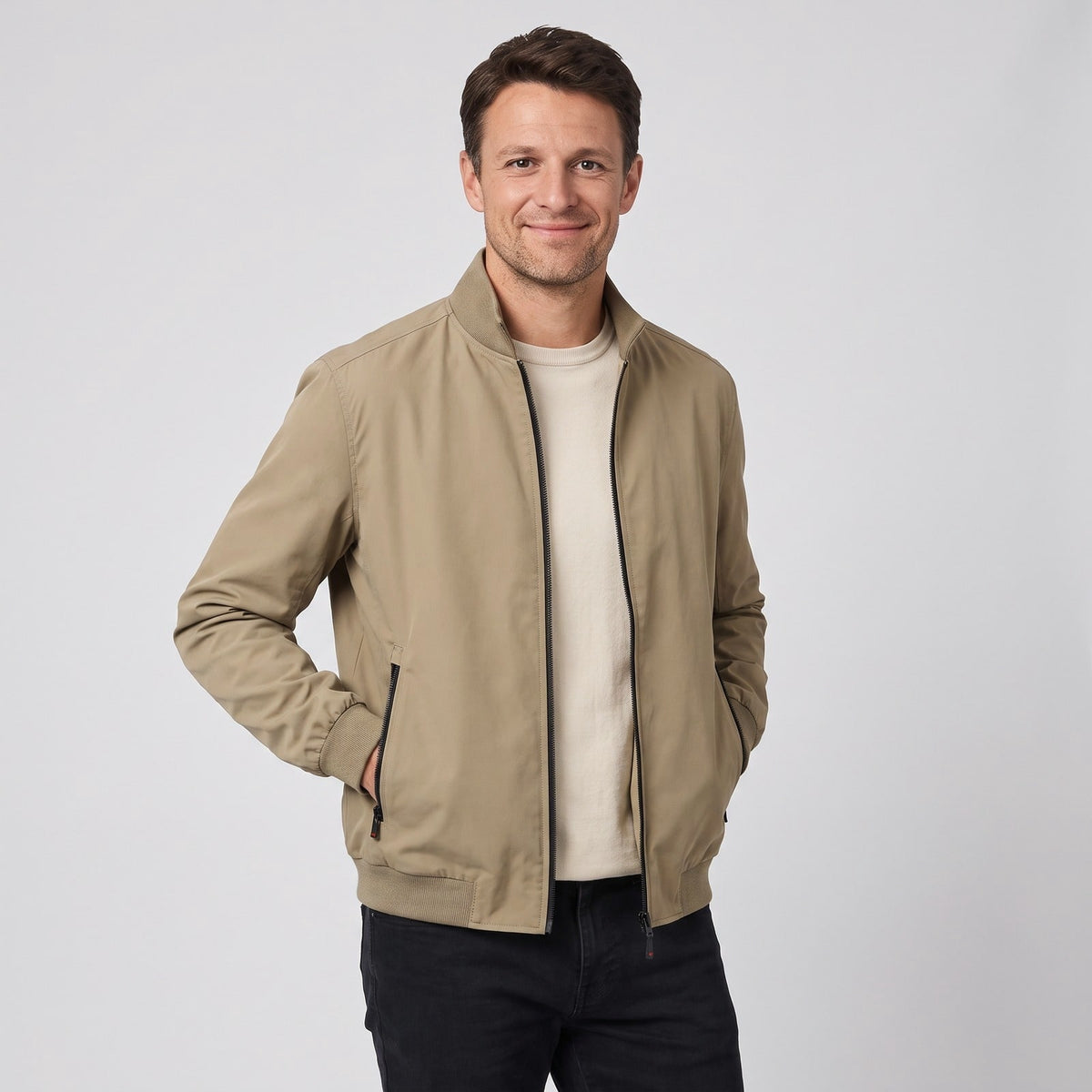 Beige stand collar zip front bomber style jacket