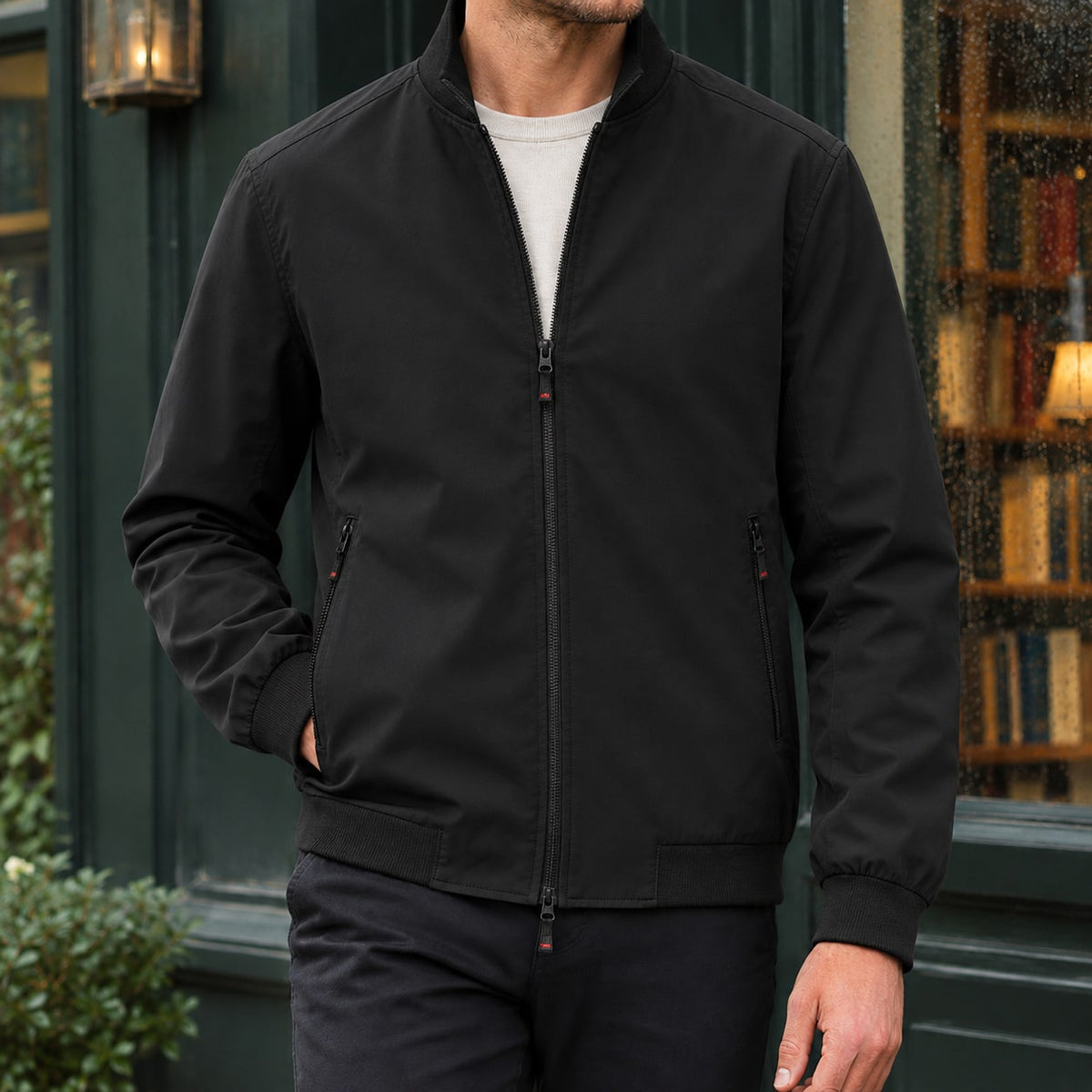 Black stand collar zip jacket