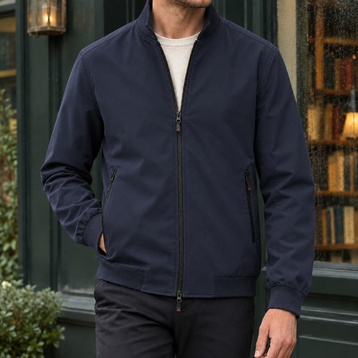 Navy stand collar zip jacket