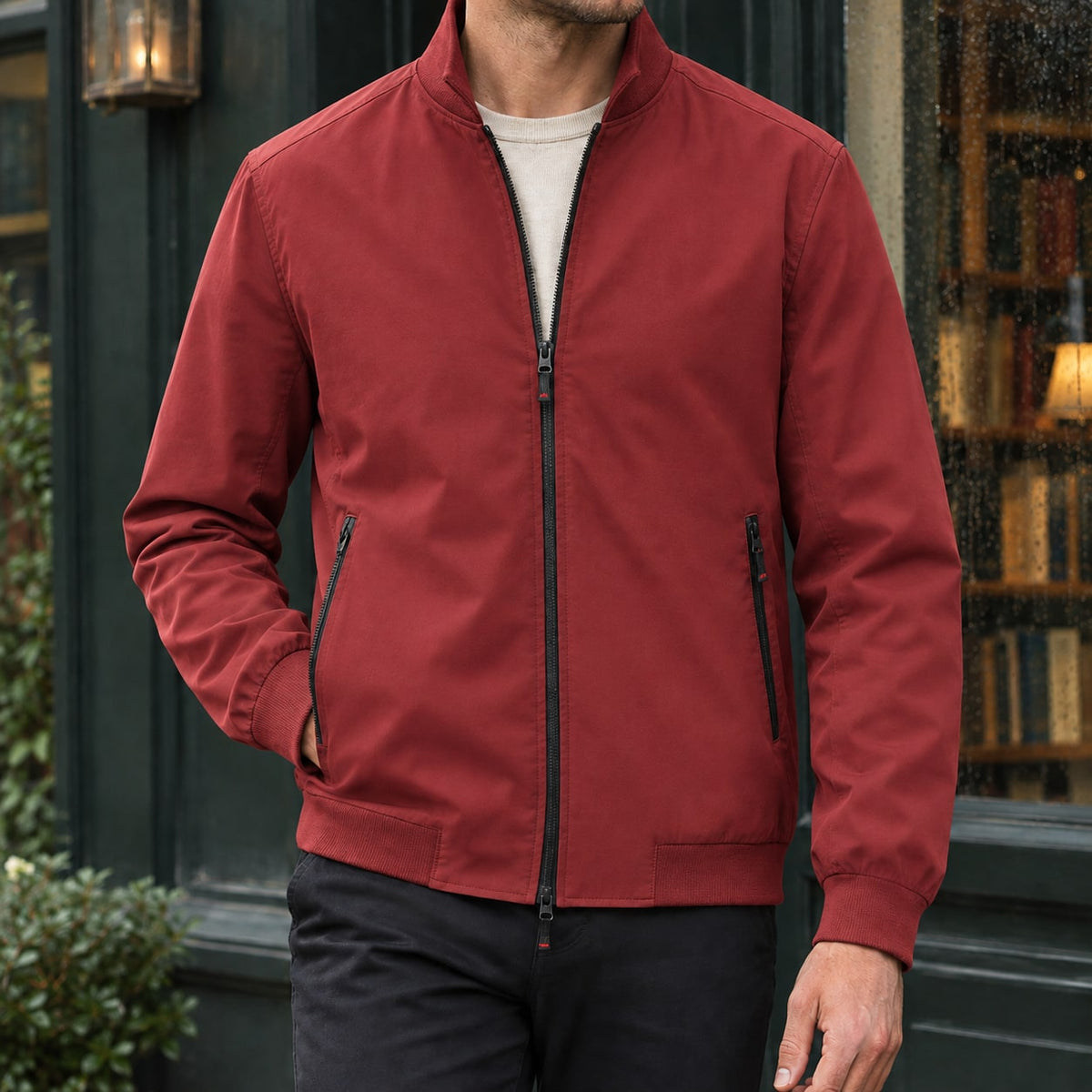 Red stand collar zip jacket