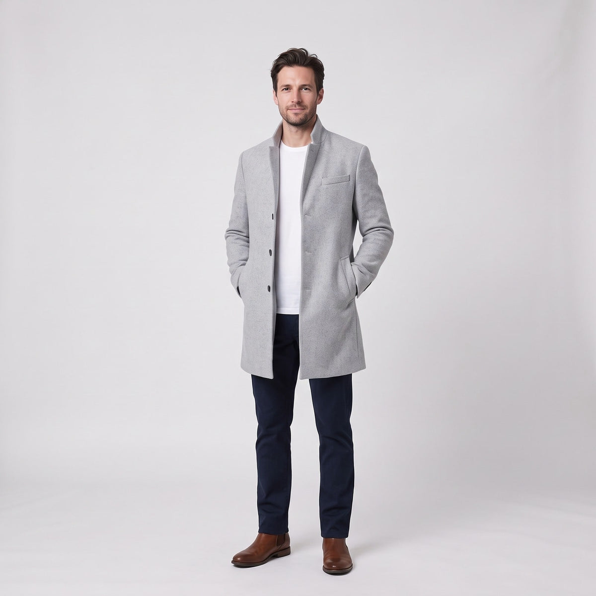 Long Coat for Men, Stand Collar Slim Fit Overcoat 1