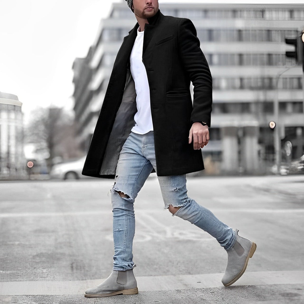 Long Coat for Men, Stand Collar Slim Fit Overcoat 2