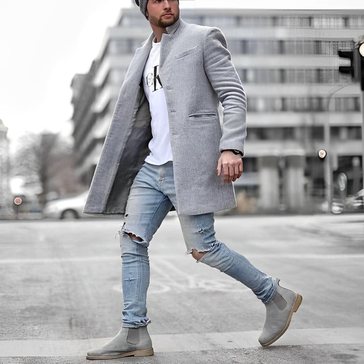 Long Coat for Men, Stand Collar Slim Fit Overcoat 3
