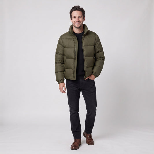 Man wearing the warm stand collar puffer jacket with hood