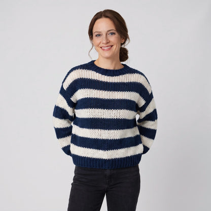 Navy and white striped loose open knit sweater with wide round neck