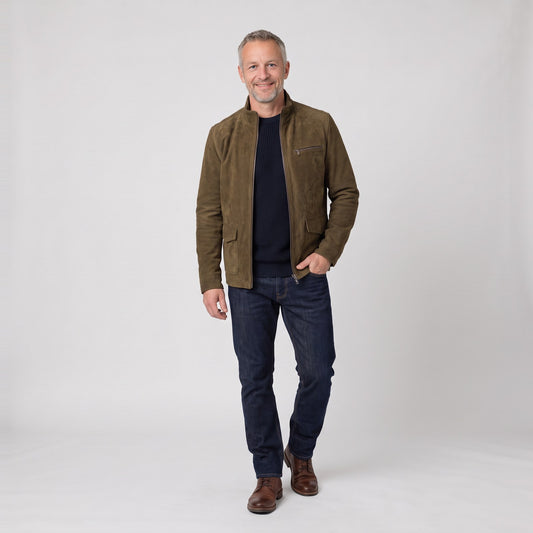 Man wearing the suede zip through jacket