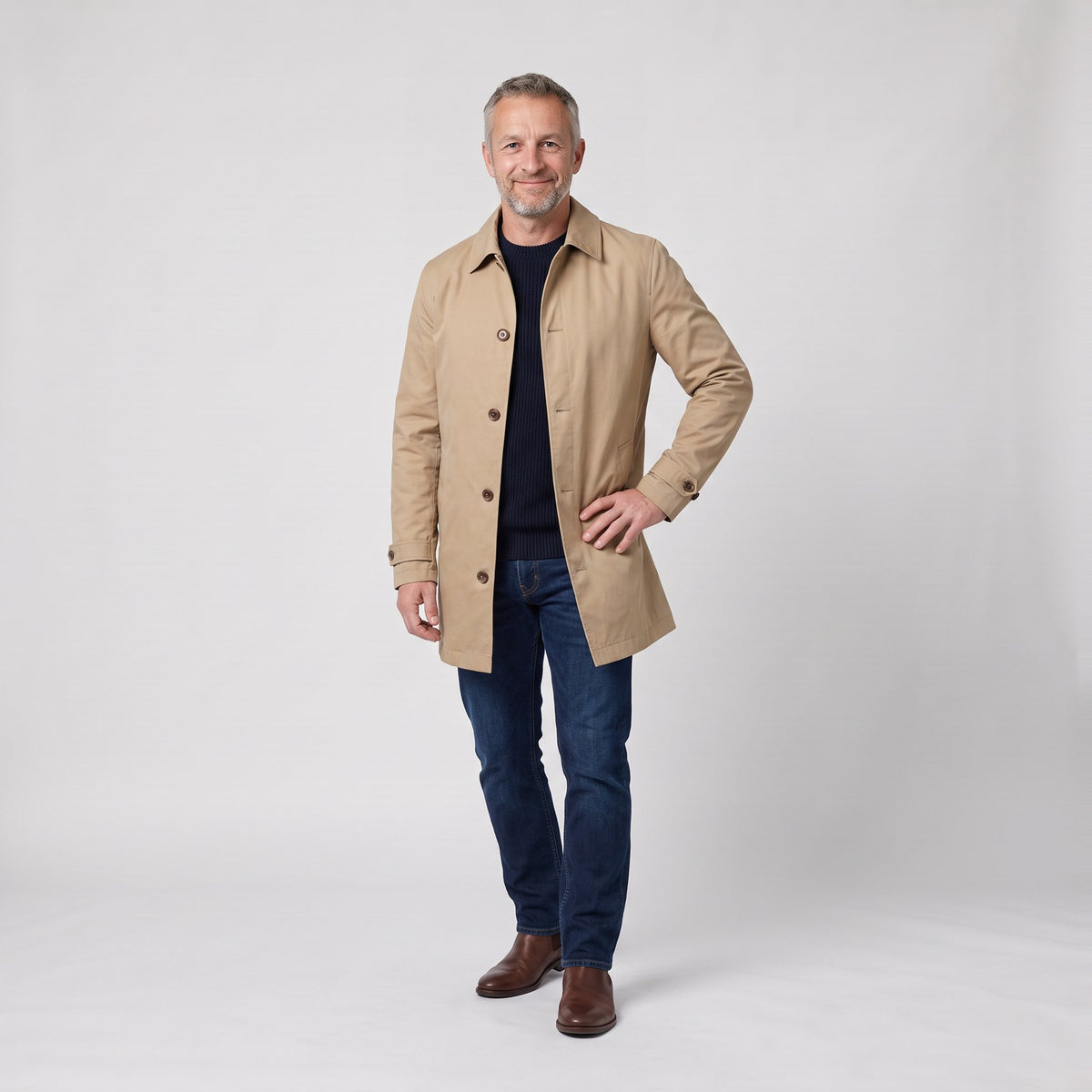 Man wearing the tailored longline coat with button front