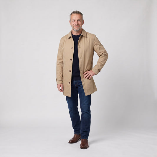 Man wearing the tailored longline coat with button front