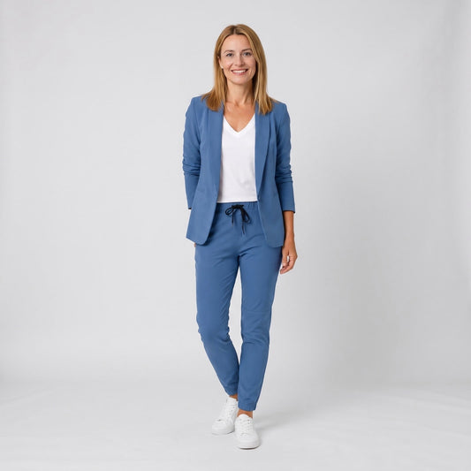 Blue tailored open blazer and drawstring jogger trousers two piece set